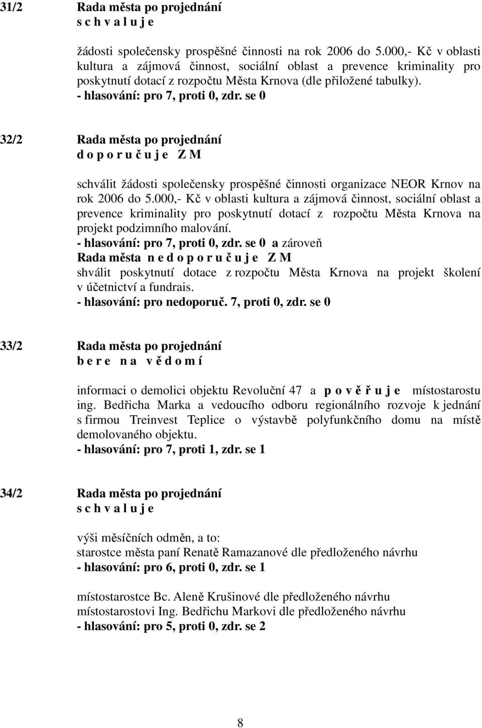 32/2 Rada města po projednání schválit žádosti společensky prospěšné činnosti organizace NEOR Krnov na rok 2006 do 5.