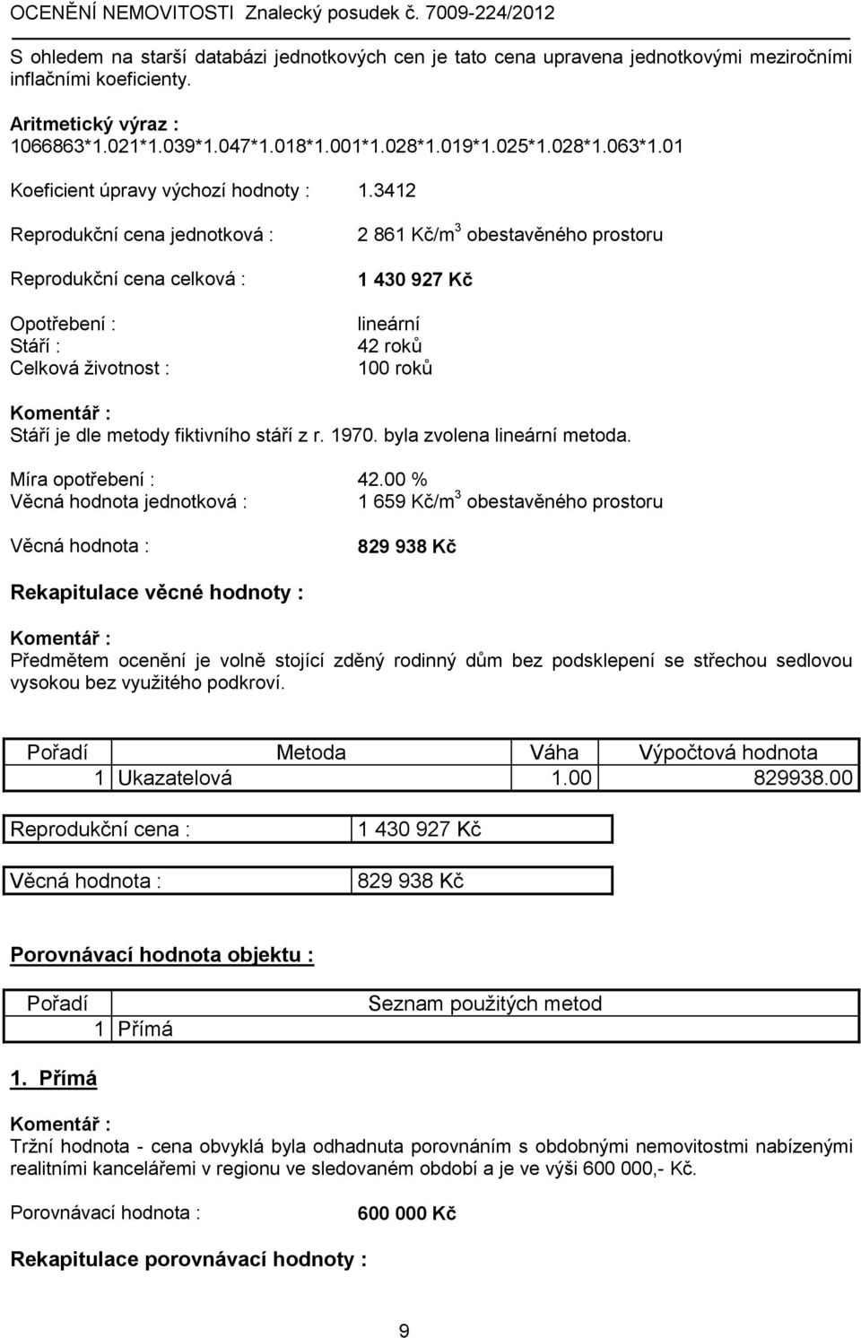 3412 Reprodukční cena jednotková : Reprodukční cena celková : Opotřebení : Stáří : Celková životnost : 2 861 Kč/m 3 obestavěného prostoru 1 430 927 Kč lineární 42 roků 100 roků Stáří je dle metody