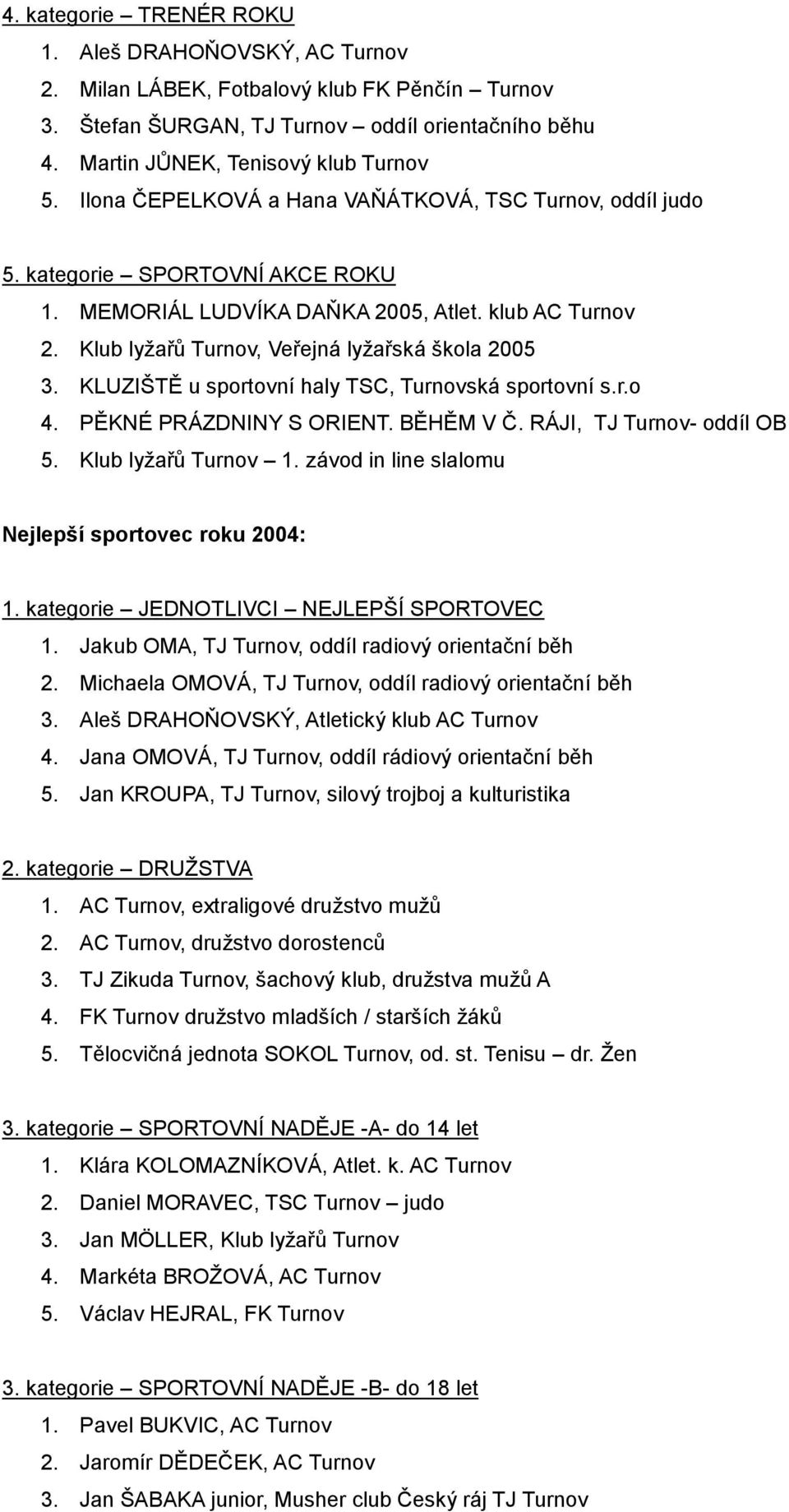 KLUZIŠTĚ u sportovní haly TSC, Turnovská sportovní s.r.o 4. PĚKNÉ PRÁZDNINY S ORIENT. BĚHĚM V Č. RÁJI, TJ Turnov- oddíl OB 5. Klub lyžařů Turnov 1.