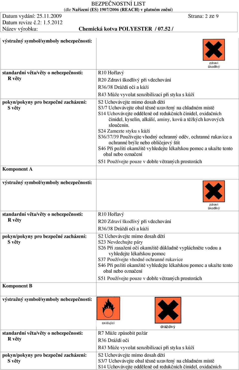 vdechování R36/38 Dráždí oči a kůži R43 Může vyvolat senzibilizaci při styku s kůží S2 Uchovávejte mimo dosah dětí S3/7 Uchovávejte obal těsně uzavřený na chladném místě S14 Uchovávejte odděleně od