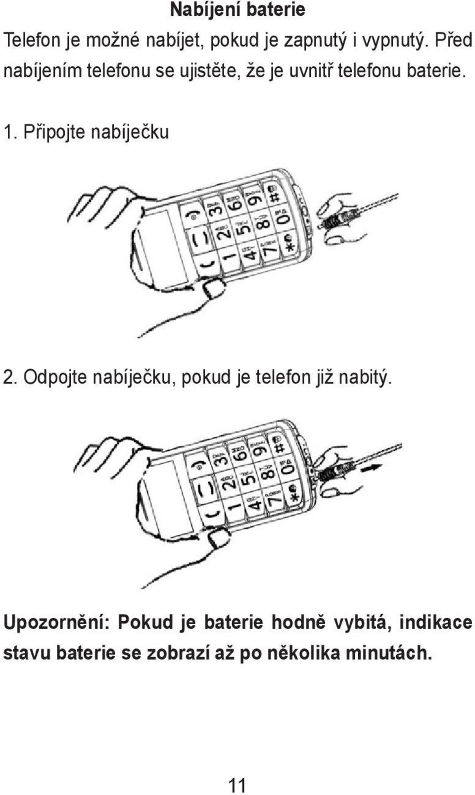 Připojte nabíječku 2. Odpojte nabíječku, pokud je telefon již nabitý.