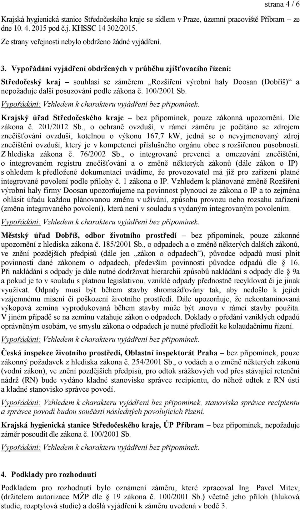 Vypořádání vyjádření obdrţených v průběhu zjišťovacího řízení: Středočeský kraj souhlasí se záměrem Rozšíření výrobní haly Doosan (Dobříš) a nepoţaduje další posuzování podle zákona č. 100/2001 Sb.