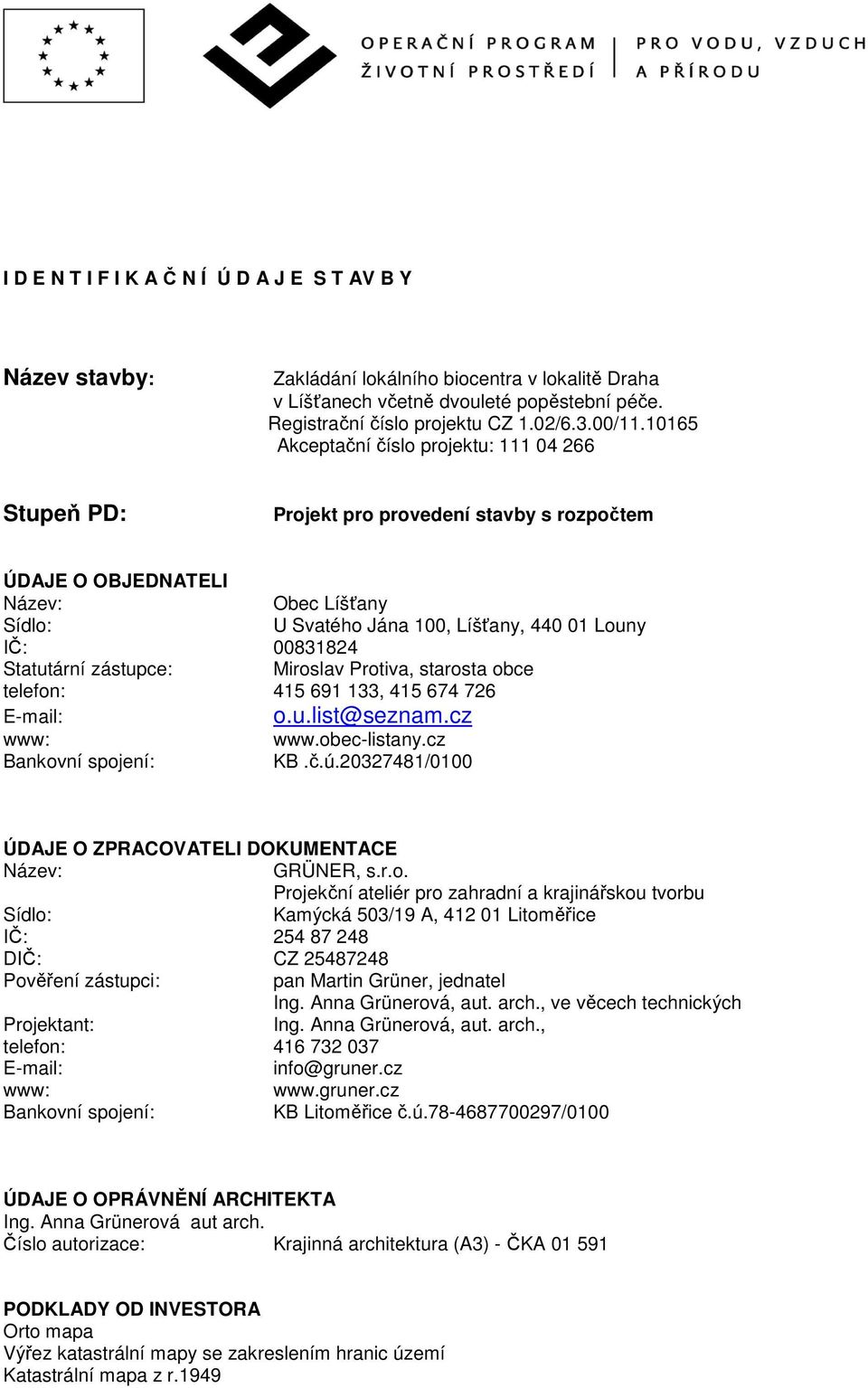 Statutární zástupce: Miroslav Protiva, starosta obce telefon: 415 691 133, 415 674 726 E-mail: o.u.list@seznam.cz www: www.obec-listany.cz Bankovní spojení: KB.č.ú.