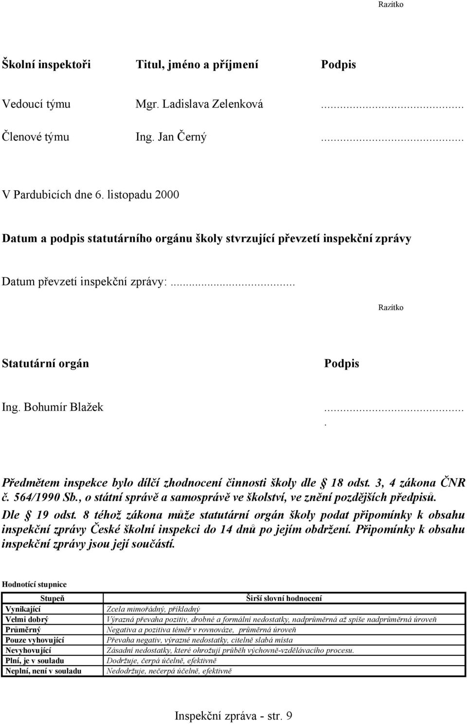 ... Předmětem inspekce bylo dílčí zhodnocení činnosti školy dle 18 odst. 3, 4 zákona ČNR č. 564/1990 Sb., o státní správě a samosprávě ve školství, ve znění pozdějších předpisů. Dle 19 odst.