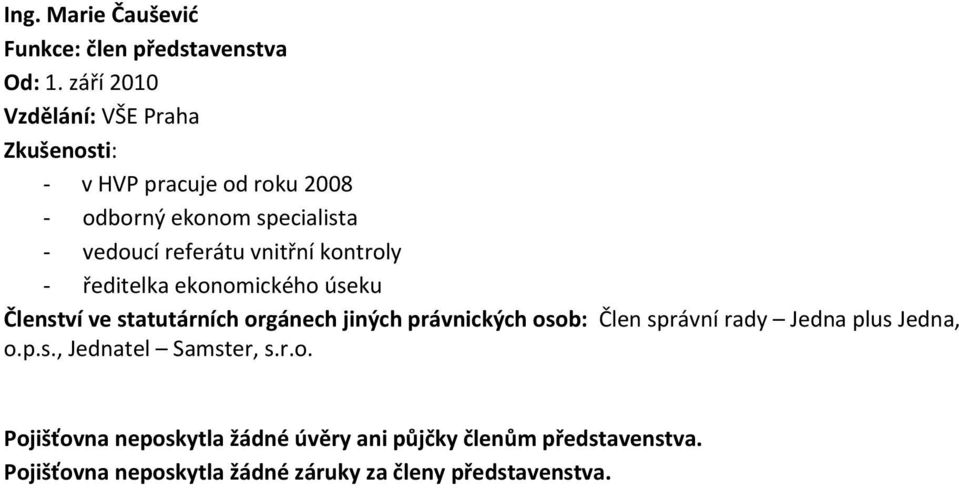 vnitřní kontroly ředitelka ekonomického úseku Členství ve statutárních orgánech jiných právnických osob: Člen správní