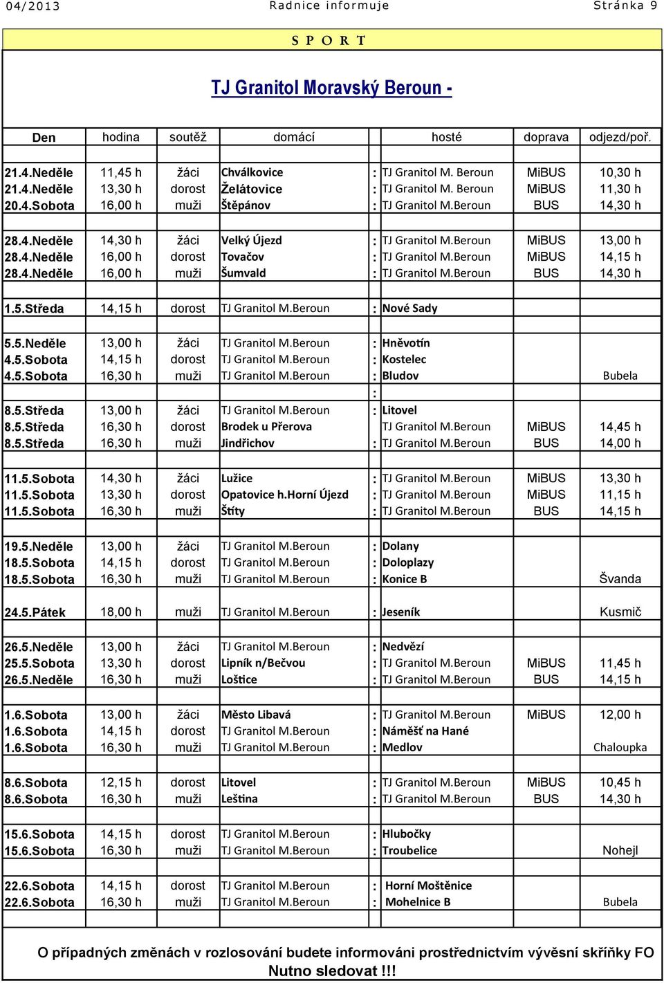 5.Sobota 8.5.Středa 8.5.Středa 8.5.Středa Brodek u Přerova Jindřichov : : : : : 11.5.Sobota 11.5.Sobota 11.5.Sobota 14,30 h 13,30 h 19.5.Neděle 18.5.Sobota 18.5.Sobota 24.5.Pátek Den domácí hosté Hněvo n Kostelec Bludov Bubela Litovel : 14,45 h 14,00 h Lužice Opatovice h.