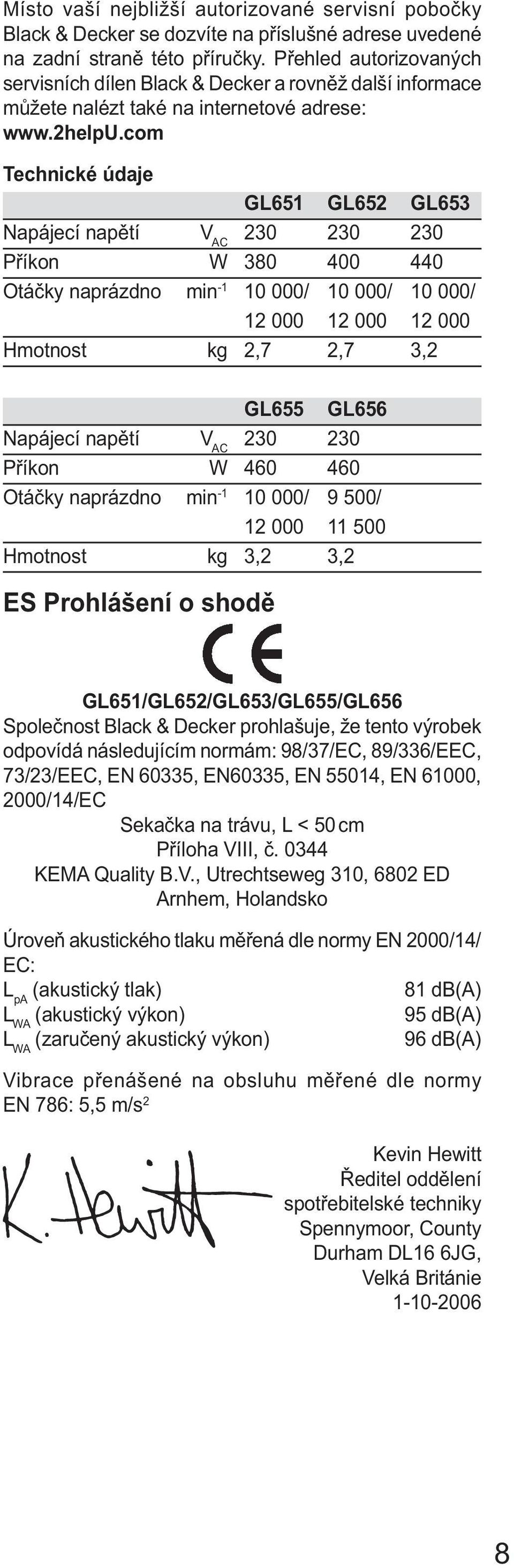 com Technické údaje GL651 GL652 GL653 Napájecí napětí V AC 230 230 230 Příkon W 380 400 440 Otáčky naprázdno min -1 10 000/ 10 000/ 10 000/ 12 000 12 000 12 000 Hmotnost kg 2,7 2,7 3,2 GL655 GL656