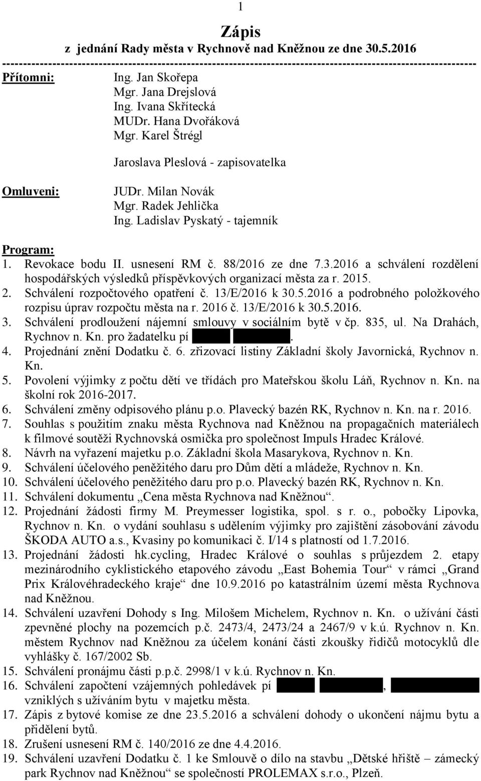 2016 schválení rozdělení hospodářských výsledků příspěvkových orgnizcí měst z r. 2015. 2. Schválení rozpočtového optření č. 13/E/2016 k 30.5.2016 podrobného položkového rozpisu úprv rozpočtu měst n r.