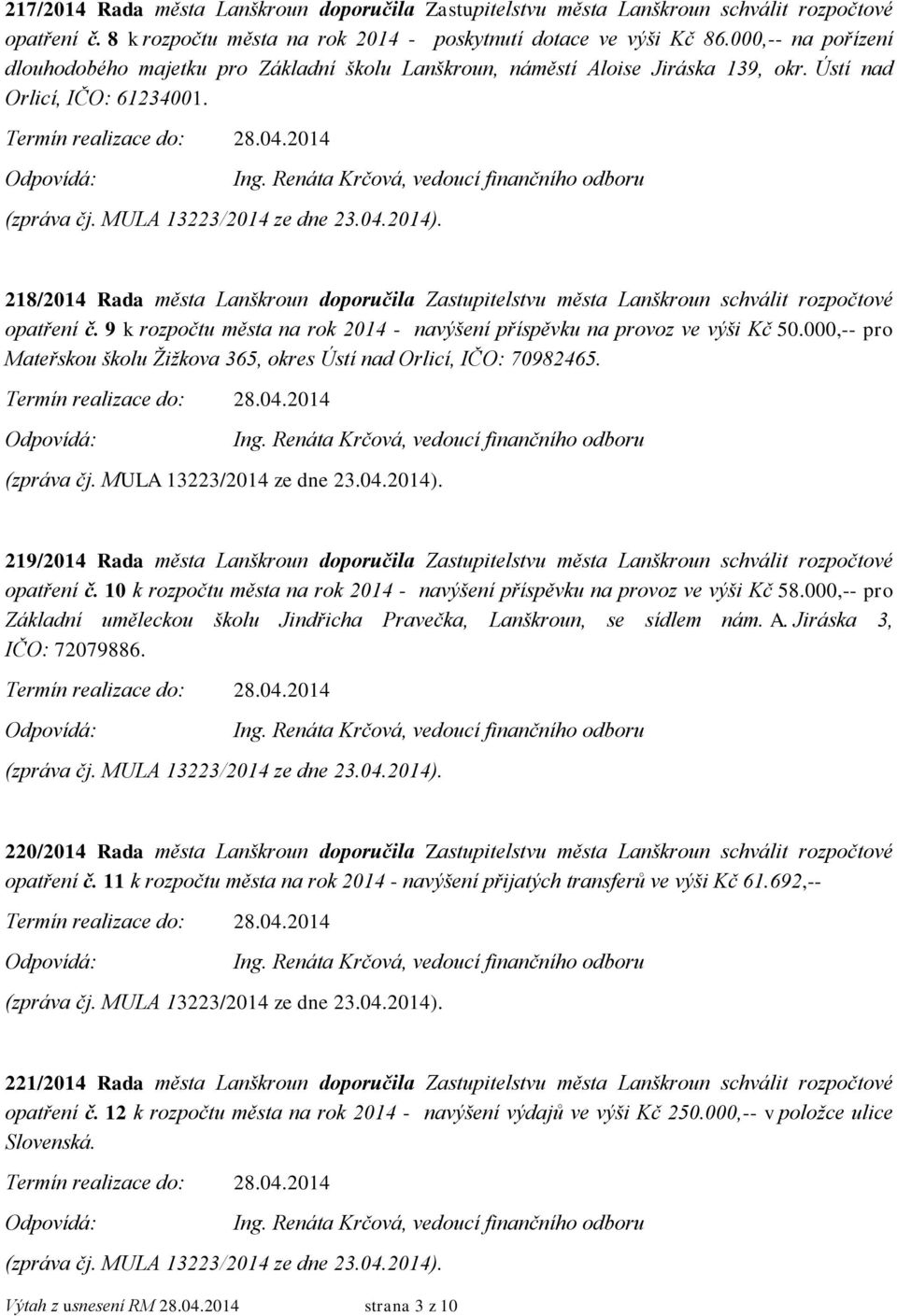 218/2014 Rada města Lanškroun doporučila Zastupitelstvu města Lanškroun schválit rozpočtové opatření č. 9 k rozpočtu města na rok 2014 - navýšení příspěvku na provoz ve výši Kč 50.