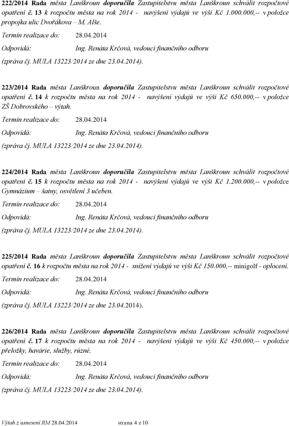 14 k rozpočtu města na rok 2014 - navýšení výdajů ve výši Kč 650.000,-- v položce ZŠ Dobrovského výtah.