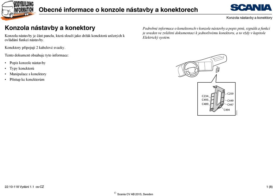 Podrobné informace o konektorech v konzole nástavby a popis pinů, signálů a funkcí je uveden ve zvláštní dokumentaci k jednotlivému konektoru, a