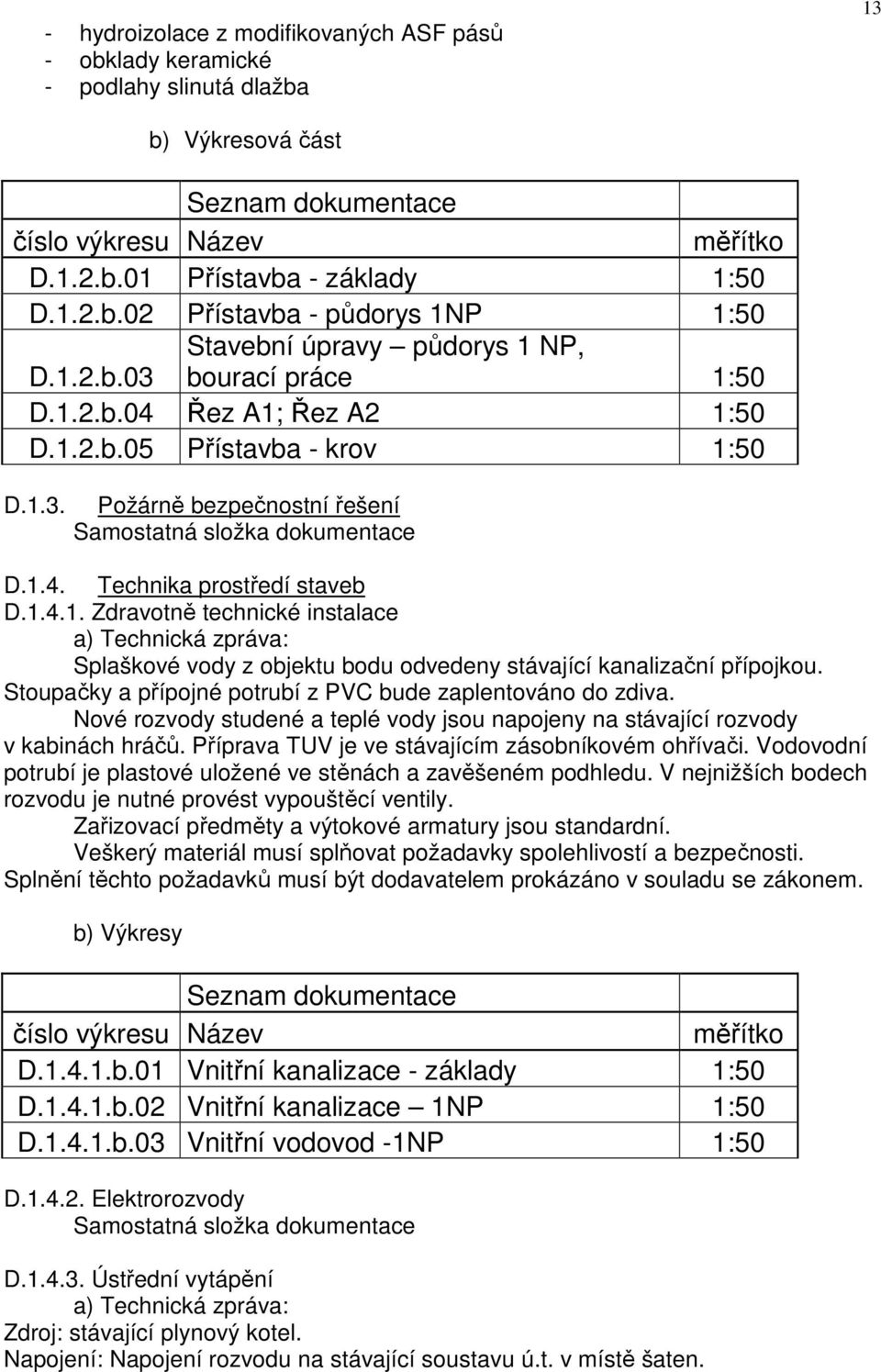 1.4.1. Zdravotně technické instalace a) Technická zpráva: Splaškové vody z objektu bodu odvedeny stávající kanalizační přípojkou. Stoupačky a přípojné potrubí z PVC bude zaplentováno do zdiva.