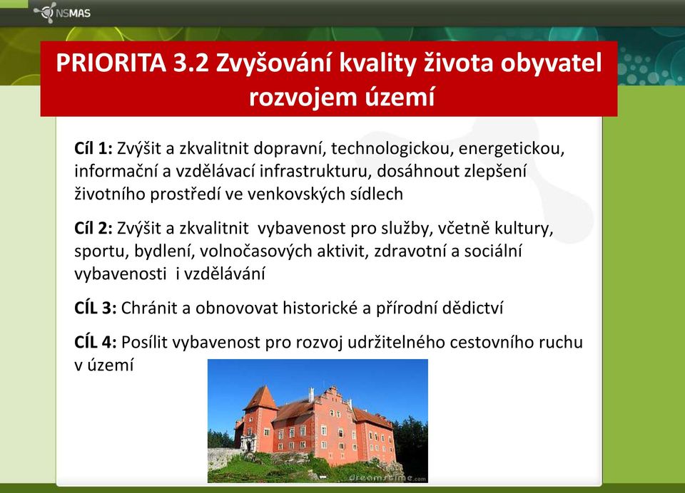 a vzdělávací infrastrukturu, dosáhnout zlepšení životního prostředí ve venkovských sídlech Cíl 2: Zvýšit a zkvalitnit vybavenost