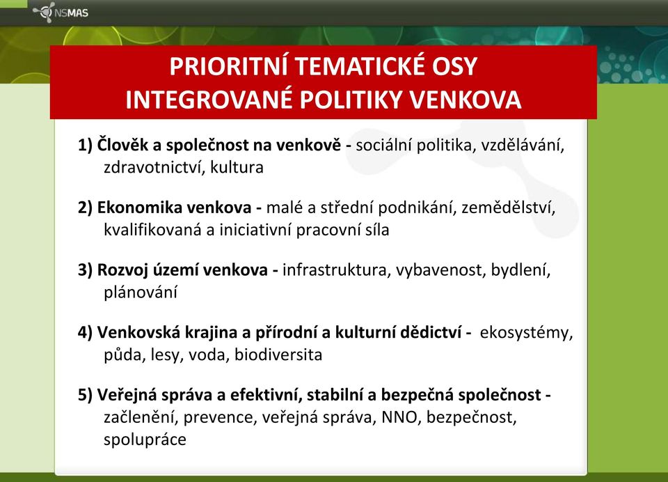 - infrastruktura, vybavenost, bydlení, plánování 4) Venkovská krajina a přírodní a kulturní dědictví - ekosystémy, půda, lesy, voda,