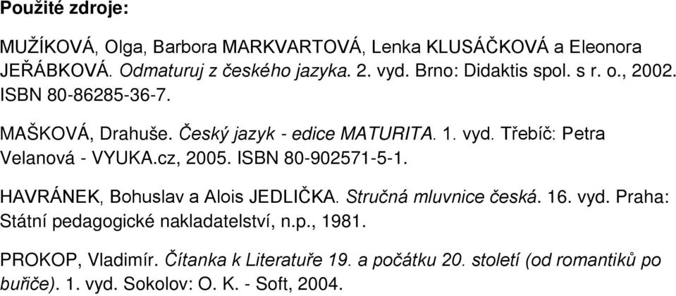 Třebíč: Petra Velanová - VYUKA.cz, 2005. ISBN 80-902571-5-1. HAVRÁNEK, Bohuslav a Alois JEDLIČKA. Stručná mluvnice česká. 16. vyd.