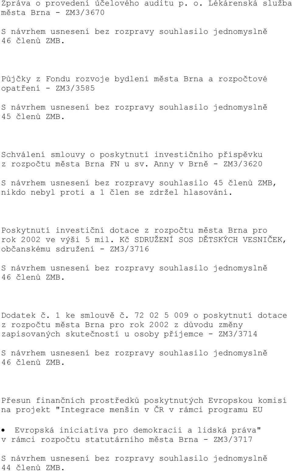 Anny v Brně - ZM3/3620 S návrhem usnesení bez rozpravy souhlasilo 45 členů ZMB, Poskytnutí investiční dotace z rozpočtu města Brna pro rok 2002 ve výši 5 mil.