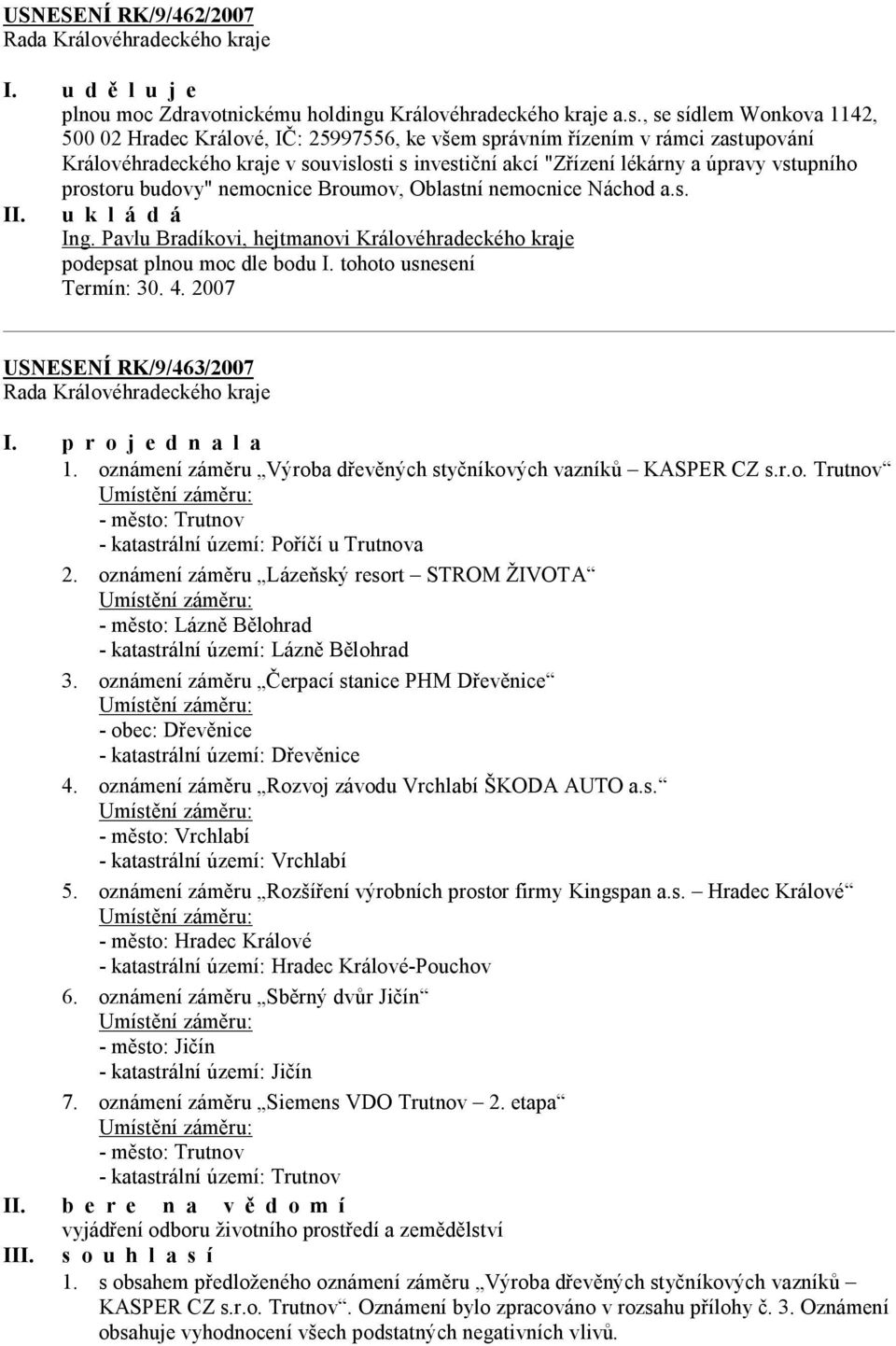 prostoru budovy" nemocnice Broumov, Oblastní nemocnice Náchod a.s. II. u k l á d á Ing. Pavlu Bradíkovi, hejtmanovi Královéhradeckého kraje podepsat plnou moc dle bodu I. tohoto usnesení Termín: 30.