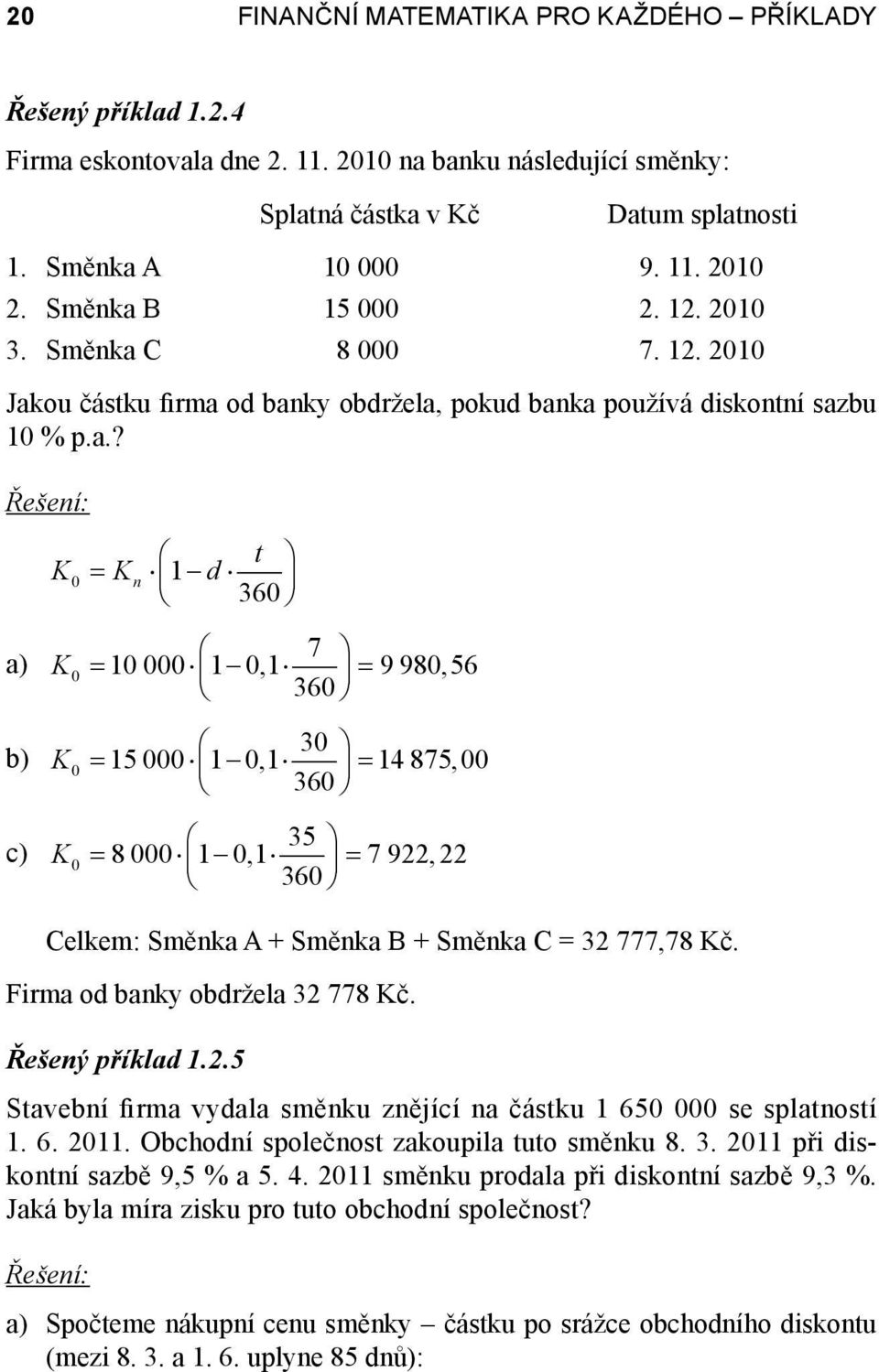 Firma od banky obdržela 32 778 Kč. Řešený příklad 1.2.5 Stavební firma vydala směnku znějící na částku 1 65 se splatností 1. 6. 211. Obchodní společnost zakoupila tuto směnku 8. 3. 211 při diskontní sazbě 9,5 % a 5.