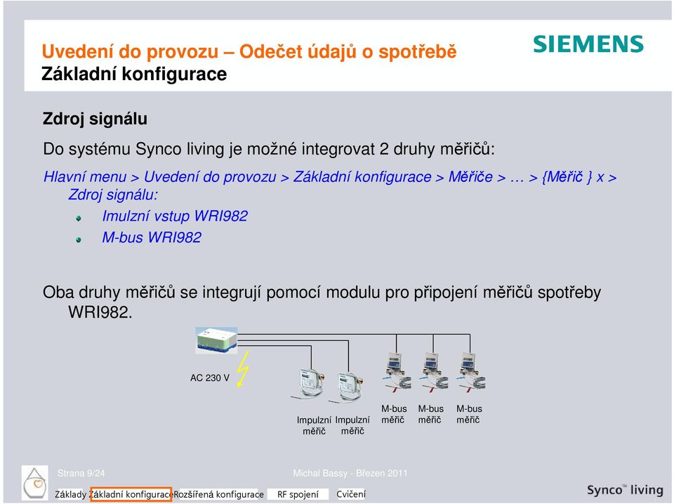 WRI982 M-bus WRI982 Oba druhy měřičů se integrují pomocí modulu pro připojení měřičů spotřeby WRI982.