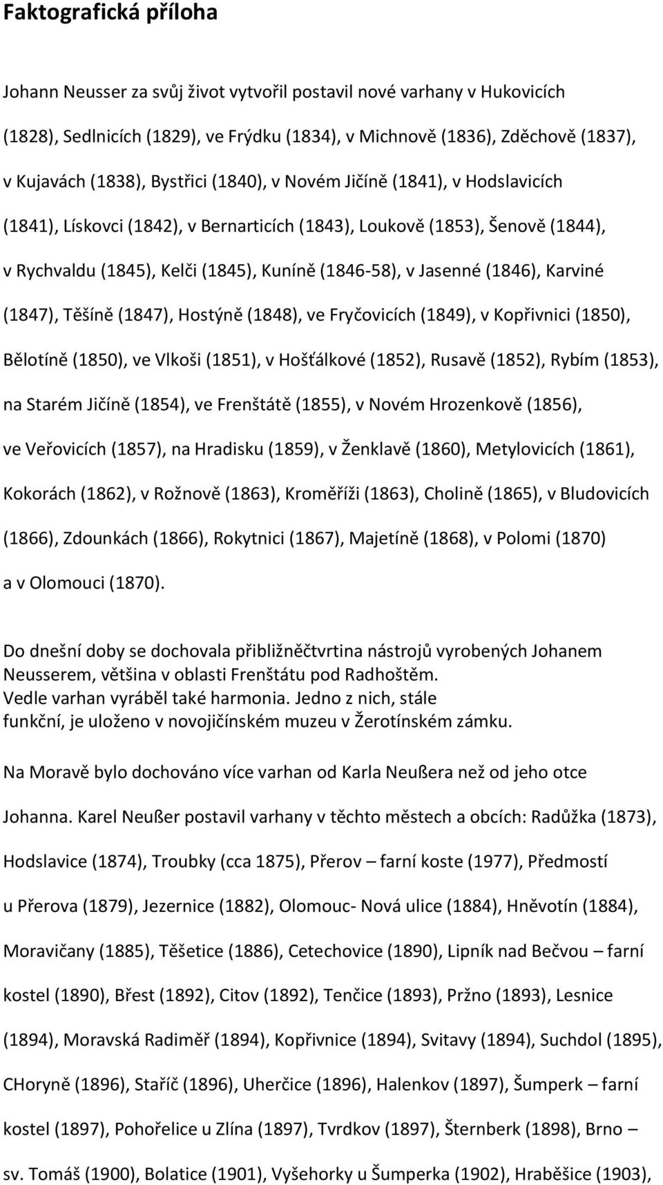 (1846), Karviné (1847), Těšíně (1847), Hostýně (1848), ve Fryčovicích (1849), v Kopřivnici (1850), Bělotíně (1850), ve Vlkoši (1851), v Hošťálkové (1852), Rusavě (1852), Rybím (1853), na Starém