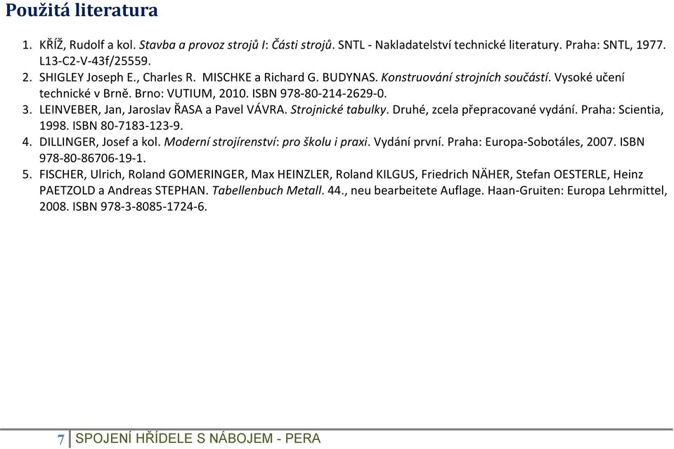 Strojnické tabulky. Druhé, zcela přepracované vydání. Praha: Scientia, 1998. ISBN 80-7183-123-9. 4. DILLINGER, Josef a kol. Moderní strojírenství: pro školu i praxi. Vydání první.