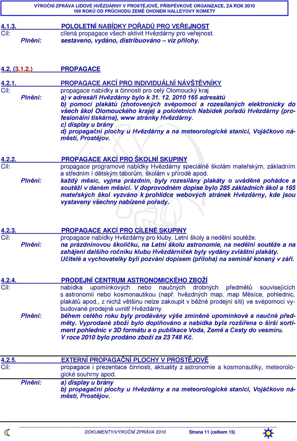 stránky Hvězdárny. c) display u brány d) propagační plochy u Hvězdárny a na meteorologické stanici, Vojáčkovo náměstí, Prostějov. 4.2.