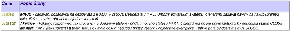 Akvizice - Faktury, rozpor mezi fakturovaným a dodaným titulem - přidání nového statusu FAKT.