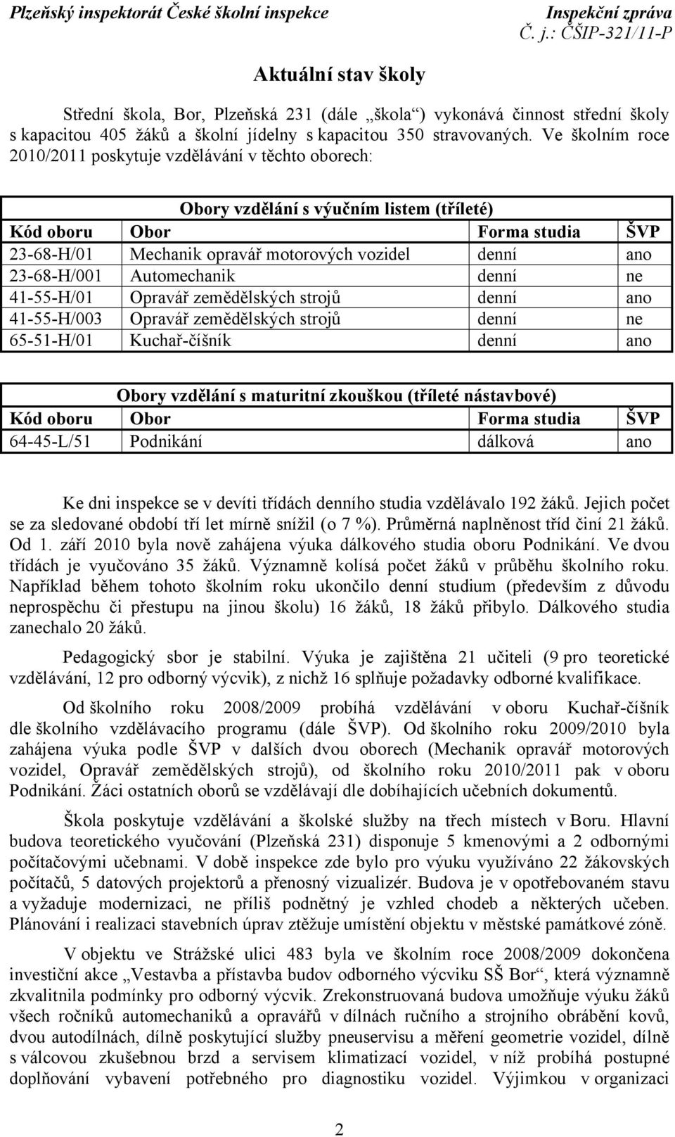 23-68-H/001 Automechanik denní ne 41-55-H/01 Opravář zemědělských strojů denní ano 41-55-H/003 Opravář zemědělských strojů denní ne 65-51-H/01 Kuchař-číšník denní ano Obory vzdělání s maturitní