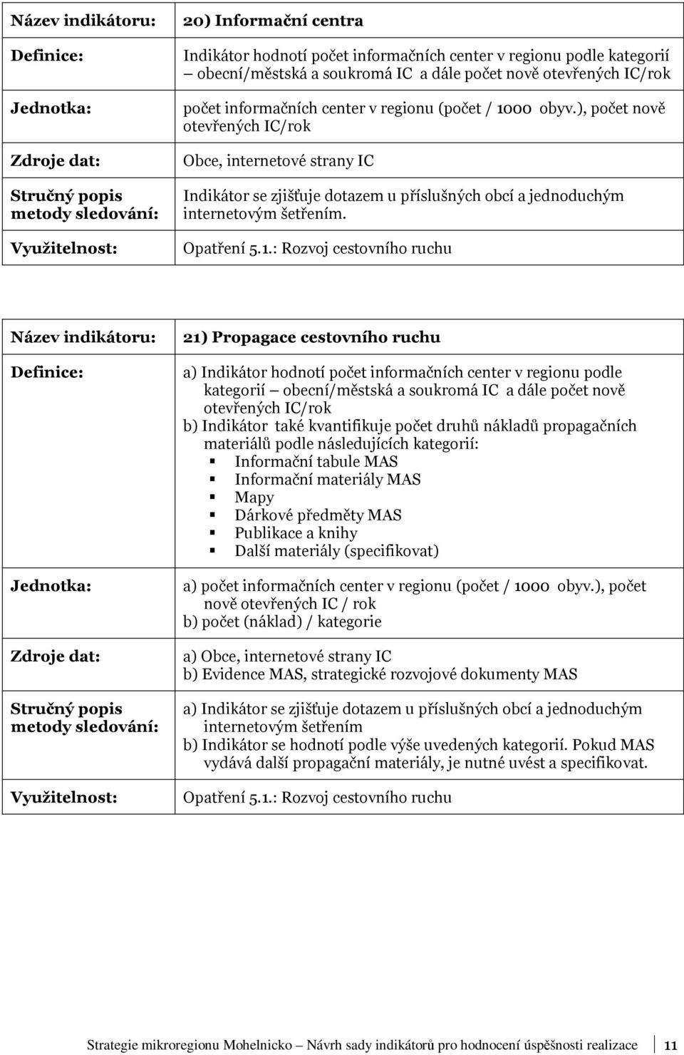 21) Propagace cestovního ruchu a) Indikátor hodnotí počet informačních center v regionu podle kategorií obecní/městská a soukromá IC a dále počet nově otevřených IC/rok b) Indikátor také kvantifikuje