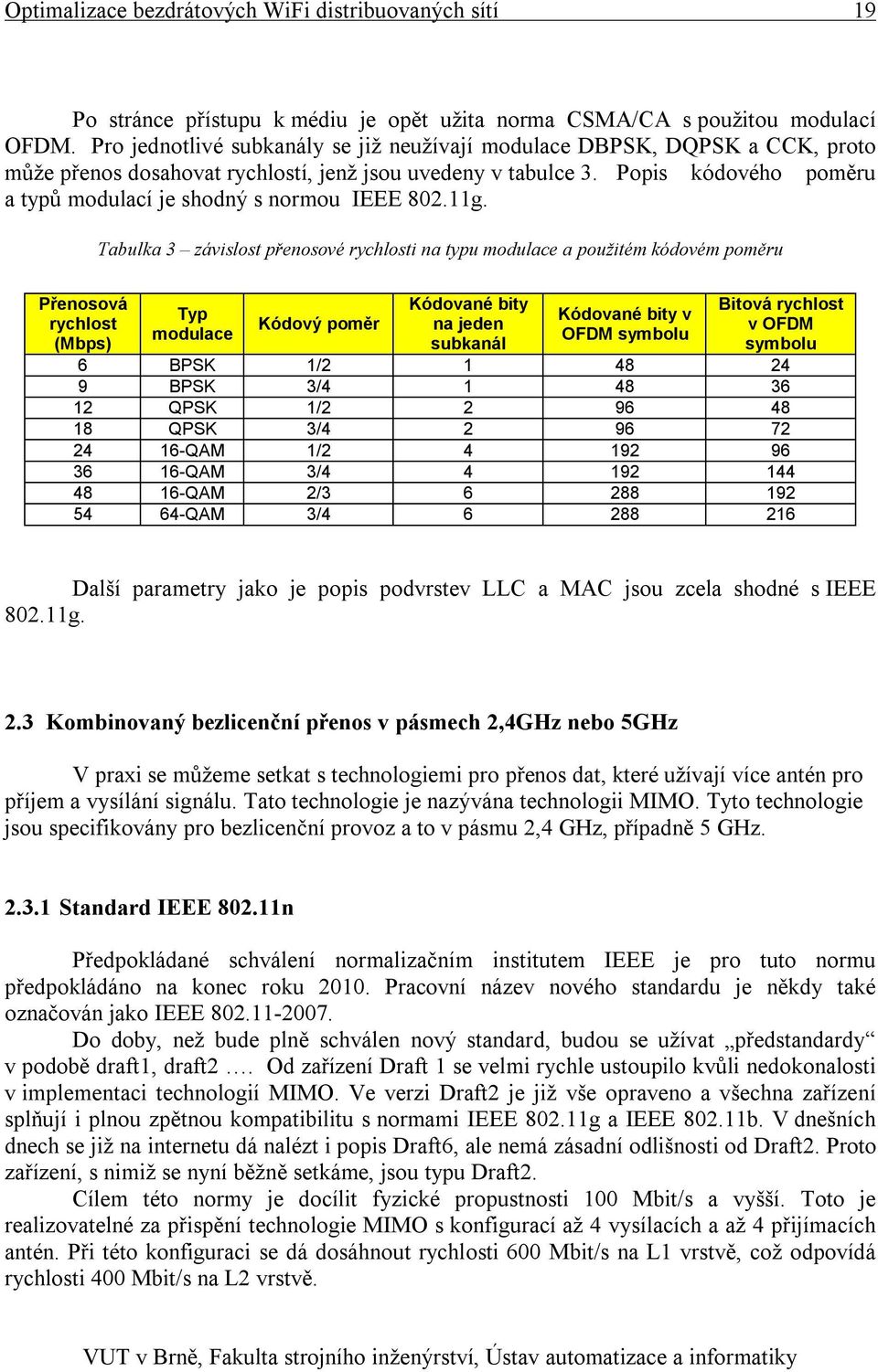 Popis kódového poměru a typů modulací je shodný s normou IEEE 802.11g.