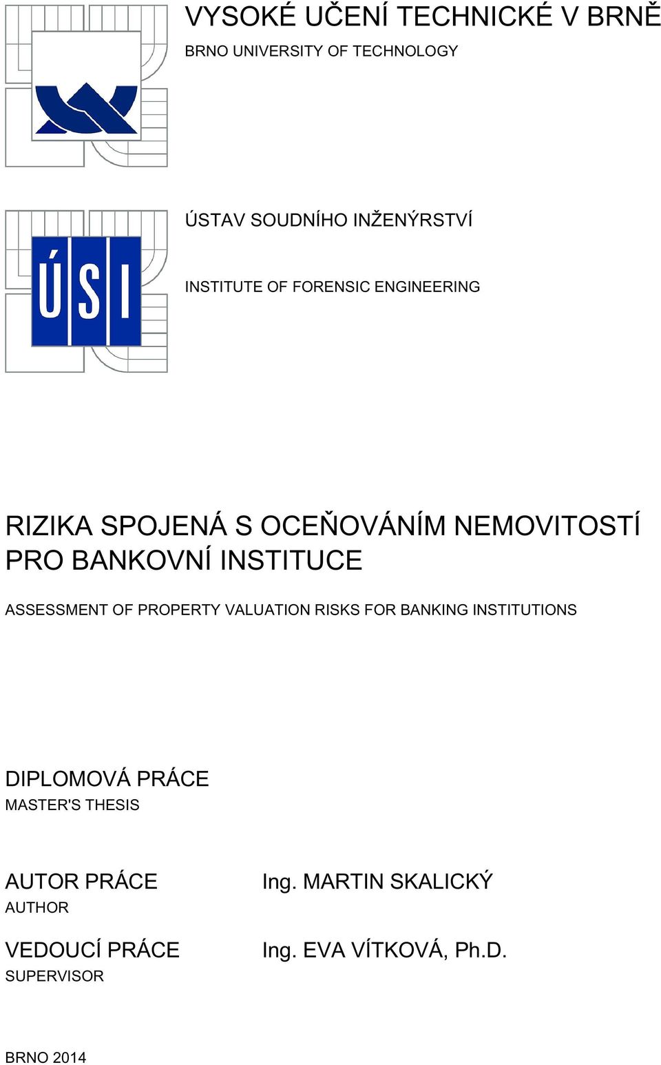 INSTITUCE ASSESSMENT OF PROPERTY VALUATION RISKS FOR BANKING INSTITUTIONS DIPLOMOVÁ PRÁCE