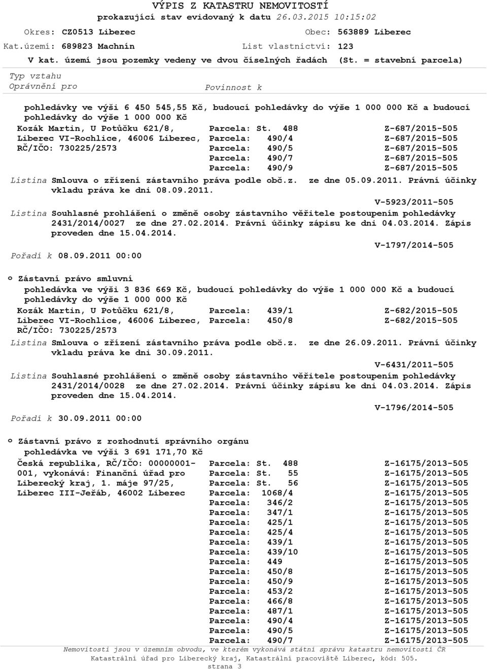 Právní účinky vkladu práva ke dni 08.09.2011. V-5923/2011-505 Listina Suhlasné prhlášení změně sby zástavníh věřitele pstupením phledávky 2431/2014/0027 ze dne 27.02.2014. Právní účinky zápisu ke dni 04.
