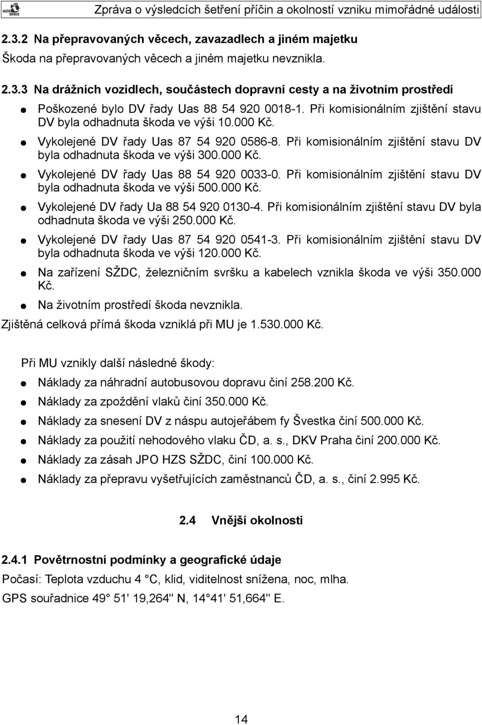 Při komisionálním zjištění stavu DV byla odhadnuta škoda ve výši 500.000 Kč. Vykolejené DV řady Ua 88 54 920 0130-4. Při komisionálním zjištění stavu DV byla odhadnuta škoda ve výši 250.000 Kč. Vykolejené DV řady Uas 87 54 920 0541-3.