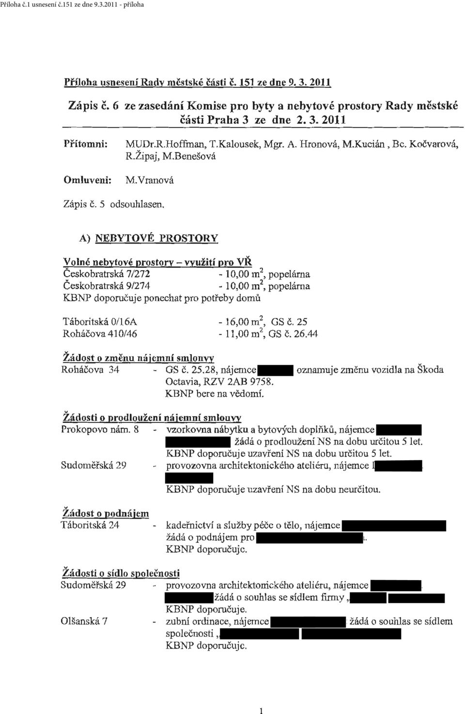 A) NEBYTOVÉ PROSTORY Volné nebytové prostory - využití pro VŘ Českobratrská 71272-10,00 m 2, popeláma Českobratrská 9/274-10,00 m 2, popeláma KBNP doporučuje ponechat pro potřeby domů Táboritská