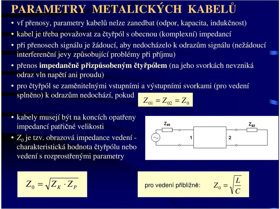 odraz vl apětí ai proudu) pro čtyřpól se zaměitelými vstupími a výstupími svorkami (pro vedeí splěo) k odrazům edochází, pokud Z = Z = kabely musejí být a kocích opatřey