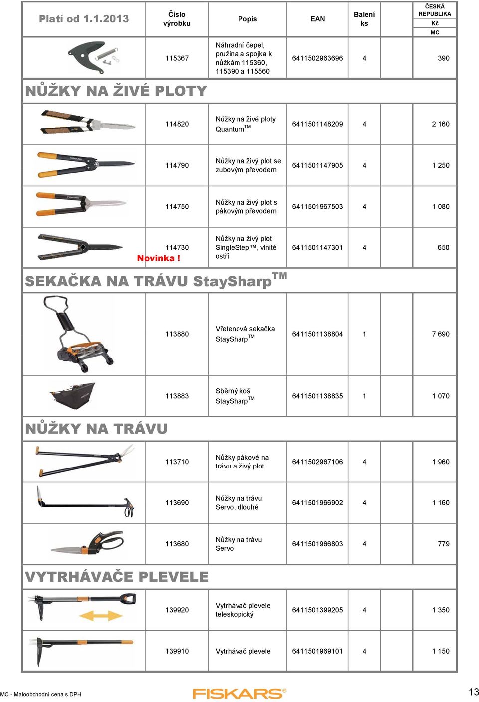 650 ostří 113880 Vřetenová sekačka StaySharp TM 6411501138804 1 7 690 113883 Sběrný koš StaySharp TM 6411501138835 1 1 070 NŮŽKY NA TRÁVU 113710 Nůžky pákové na trávu a živý plot 6411502967106 4 1