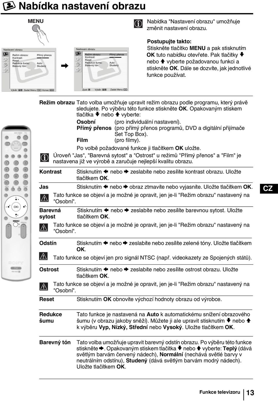 Studený Stiskněte tlačítko MENU a pak stisknutím OK tuto nabídku otevřete. Pak tlačítky v nebo V vyberte požadovanou funkci a stiskněte OK. Dále se dozvíte, jak jednotlivé funkce používat.