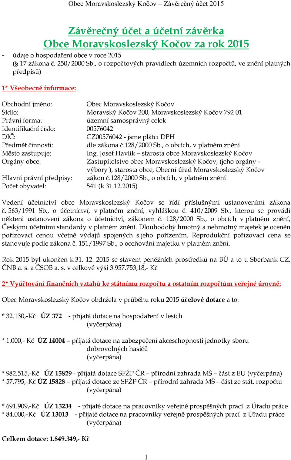 Právní forma: územní samosprávný celek Identifikační číslo: 00576042 DIČ: CZ00576042 - jsme plátci DPH Předmět činnosti: dle zákona č.128/2000 Sb., o obcích, v platném znění Město zastupuje: Ing.