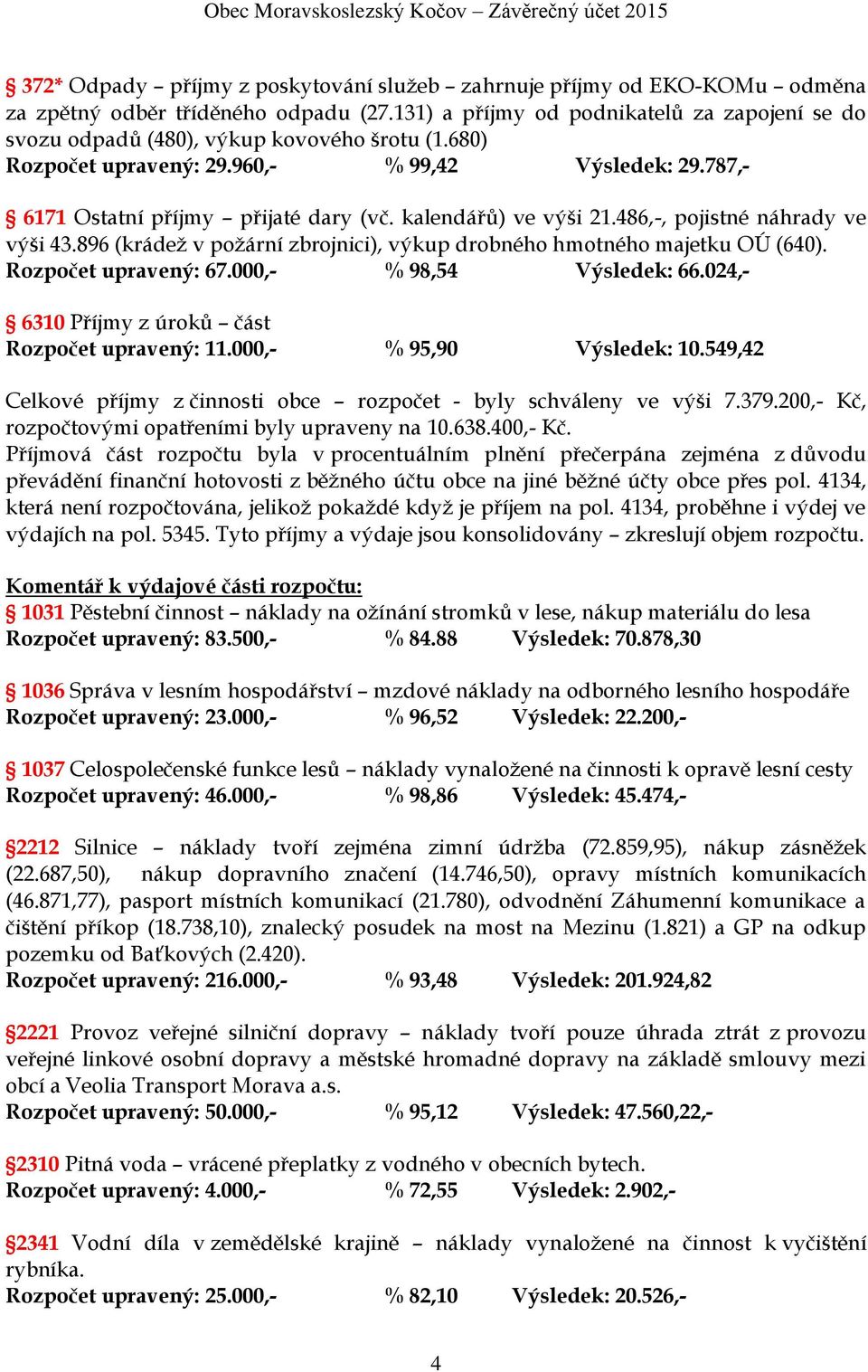 kalendářů) ve výši 21.486,-, pojistné náhrady ve výši 43.896 (krádež v požární zbrojnici), výkup drobného hmotného majetku OÚ (640). Rozpočet upravený: 67.000,- % 98,54 Výsledek: 66.