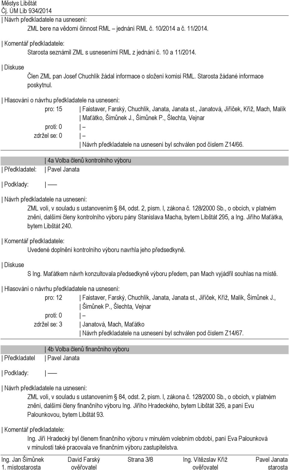 4a Volba členů kontrolního výboru Předkladatel: Pavel Janata Podklady: ZML volí, v souladu s ustanovením 84, odst. 2, písm. l, zákona č. 128/2000 Sb.