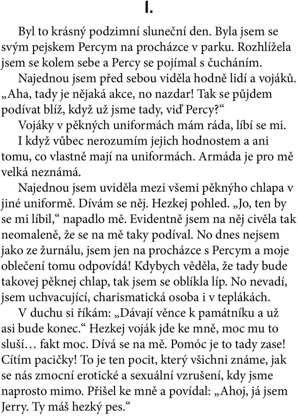 I když vůbec nerozumím jejich hodnostem a ani tomu, co vlastně mají na uniformách. Armáda je pro mě velká neznámá. Najednou jsem uviděla mezi všemi pěknýho chlapa v jiné uniformě. Dívám se něj.