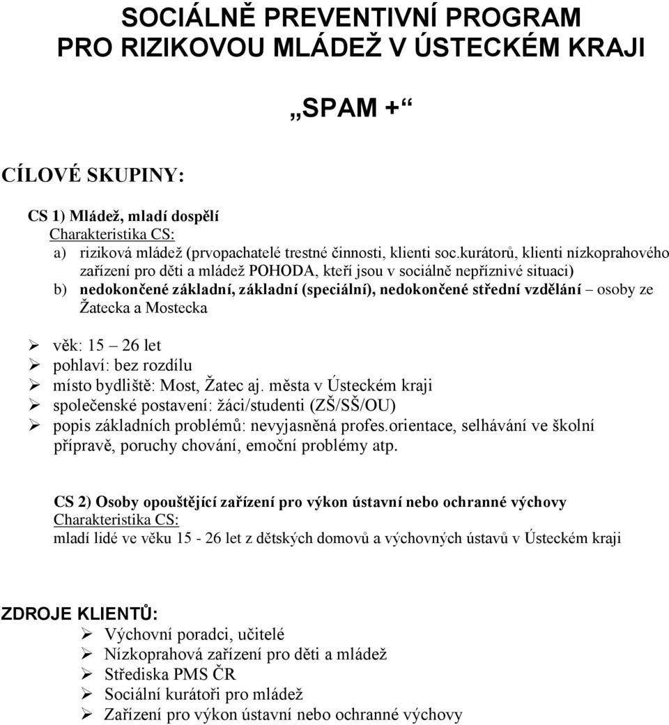 Žatecka a Mostecka věk: 15 26 let pohlaví: bez rozdílu místo bydliště: Most, Žatec aj.