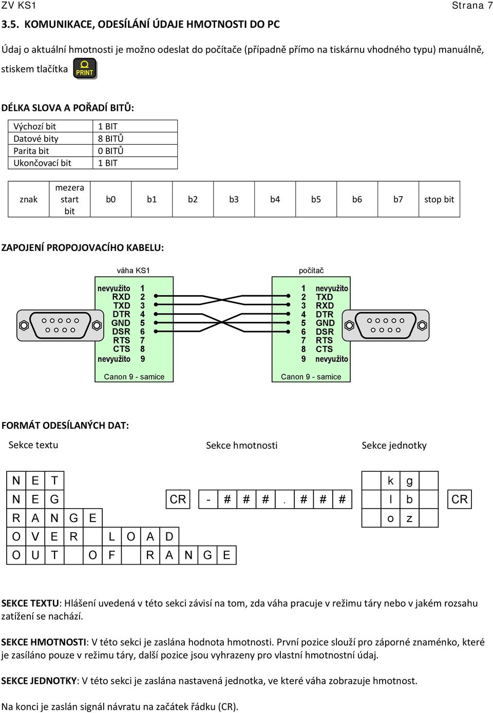 BITŮ: Výchozí bit Datové bity Parita bit Ukončovací bit 1 BIT 8 BITŮ 0 BITŮ 1 BIT znak mezera start bit b0 b1 b2 b3 b4 b5 b6 b7 stop bit ZAPOJENÍ PROPOJOVACÍHO KABELU: váha KS1 nevyužito 1 RXD 2 TXD