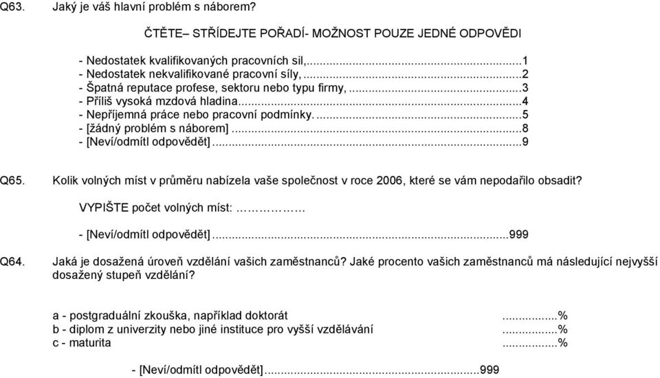 Kolik volných míst v průměru nabízela vaše společnost v roce 2006, které se vám nepodařilo obsadit? VYPIŠTE počet volných míst: Q64. Jaká je dosažená úroveň vzdělání vašich zaměstnanců?