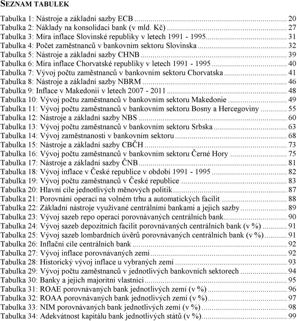 .. 40 Tabulka 7: Vývoj počtu zaměstnanců v bankovním sektoru Chorvatska... 41 Tabulka 8: Nástroje a základní sazby NBRM... 46 Tabulka 9: Inflace v Makedonii v letech 2007-2011.