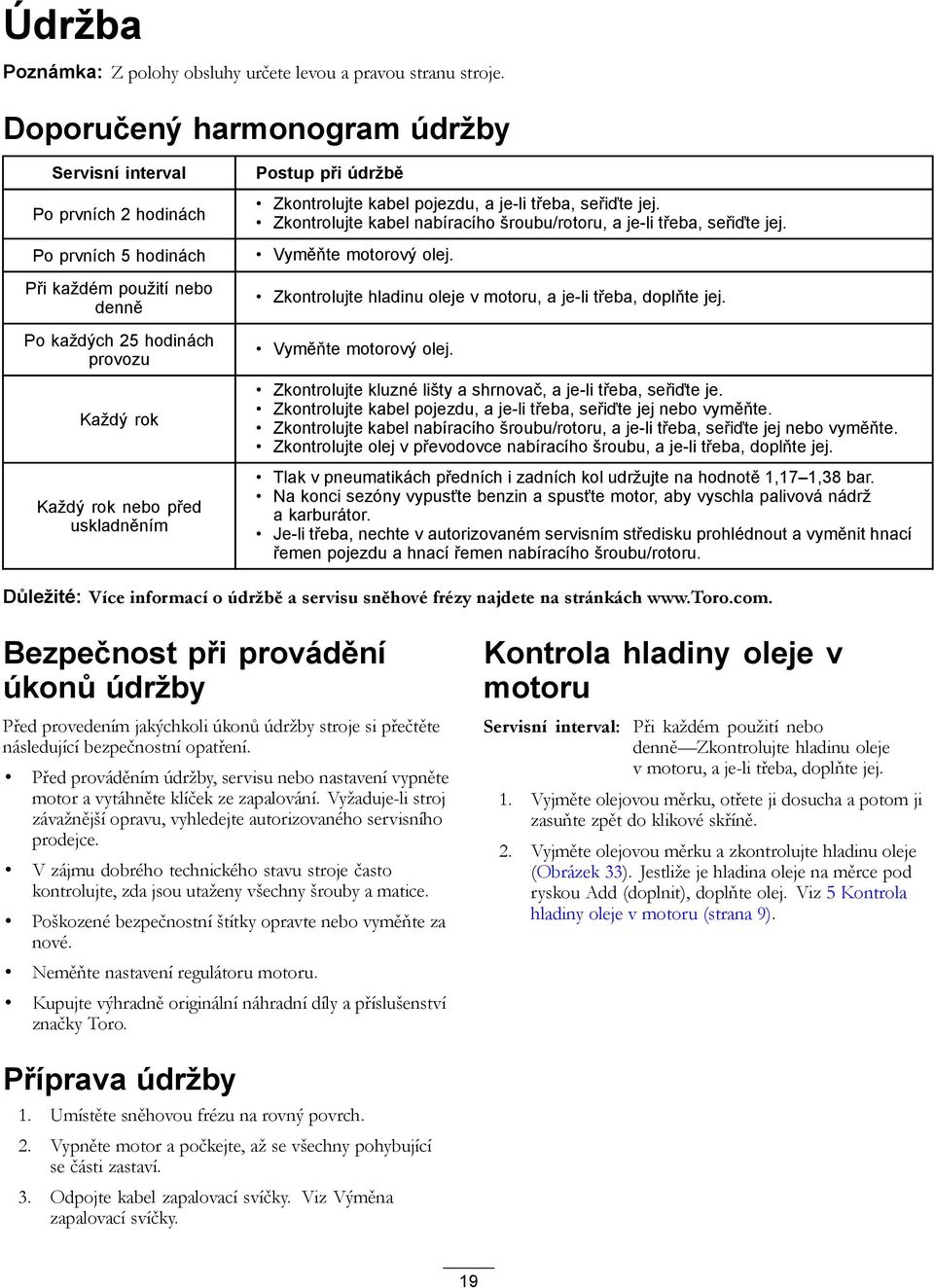 Postup při údržbě Zkontrolujte kabel pojezdu, a je-li třeba, seřiďte jej. Zkontrolujte kabel nabíracího šroubu/rotoru, a je-li třeba, seřiďte jej. Vyměňte motorový olej.