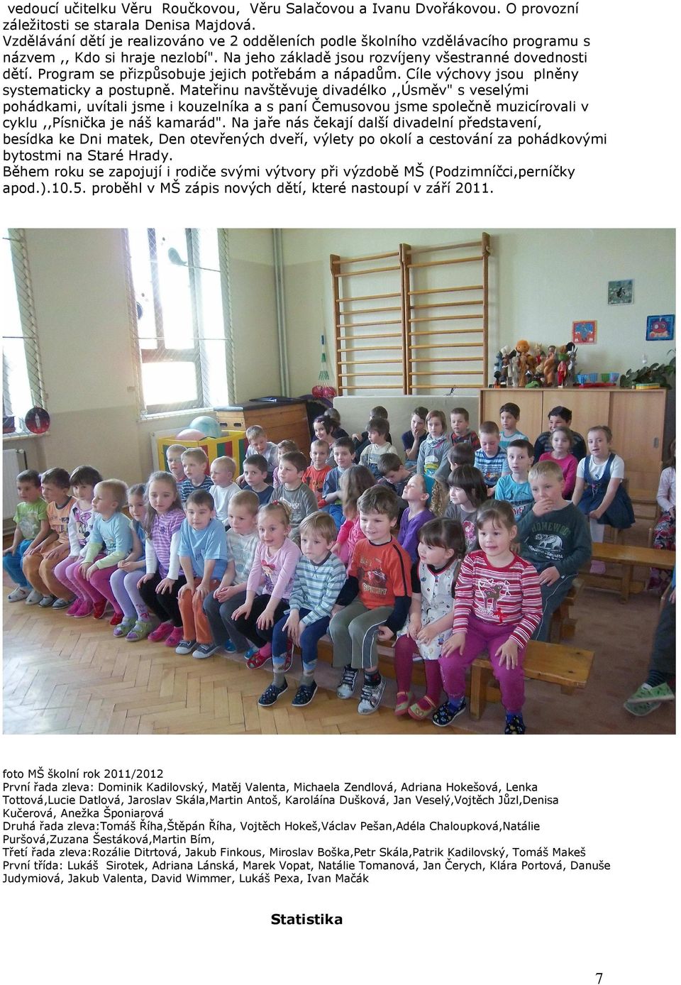 Program se přizpůsobuje jejich potřebám a nápadům. Cíle výchovy jsou plněny systematicky a postupně.
