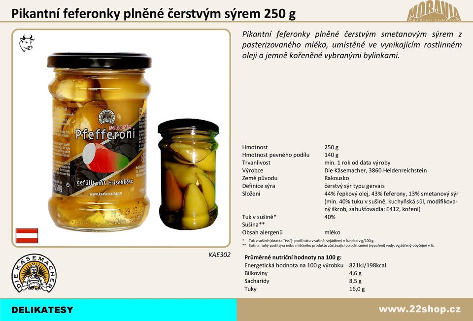 250 g pevného podílu 140 g 44% epkový olej, 43% feferony, 13% smetanový sýr (min.