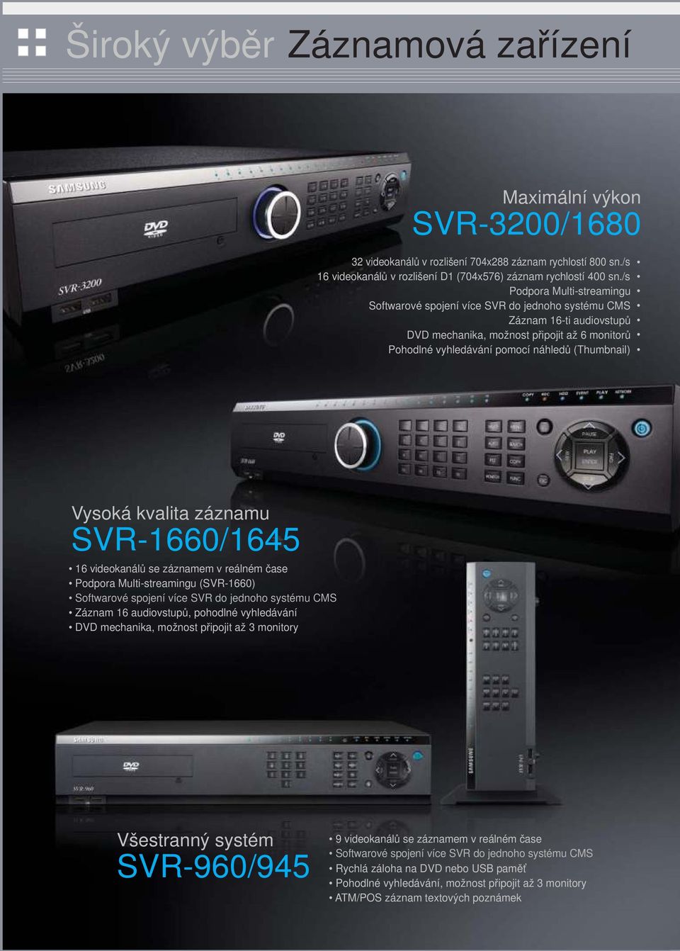 Vysoká kvalita záznamu SVR-1660/1645 16 videokanálů se záznamem v reálném čase Podpora Multi-streamingu (SVR-1660) Softwarové spojení více SVR do jednoho systému CMS Záznam 16 audiovstupů, pohodlné