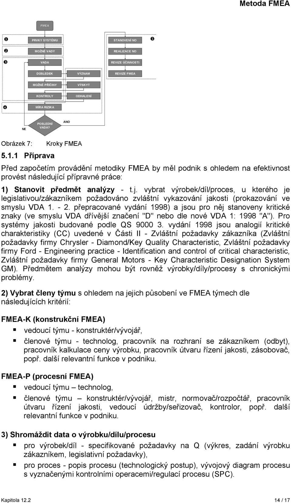 cí přípravné práce: 1) Stanovit předmět analýzy - t.j. vybrat výrobek/díl/proces, u kterého je legislativou/zákazníkem požadováno zvláštní vykazování jakosti (prokazování ve smyslu VDA 1. - 2.
